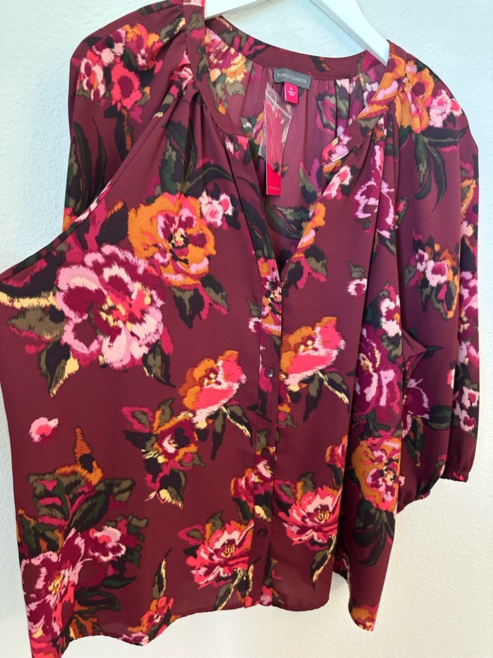 ☀️ New! VINCE CAMUTO Puff Sleeve V-Neck Floral Blouse - Picture 8 of 16
